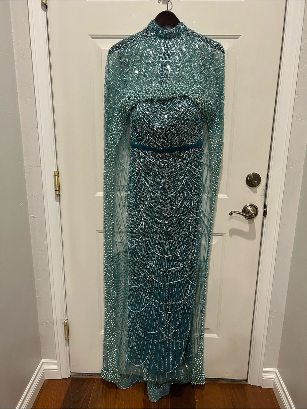 Beaded Evening Dress with Long Beaded Cape in Teal-Blue - Picture 3 of 10